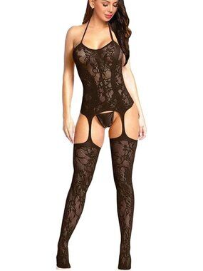 Women's Black Exotic Tights Soft Nightwear Lingerie Fishnet Body Stocking Suits